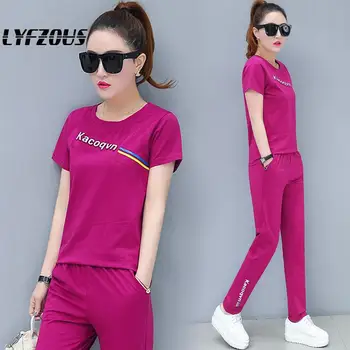 

Casual Outfits Tracksuit Sportswear Set For Women 2 Piece Set Plus Size Letter Tees And Pants Suits Female 2020 Summer Clothing