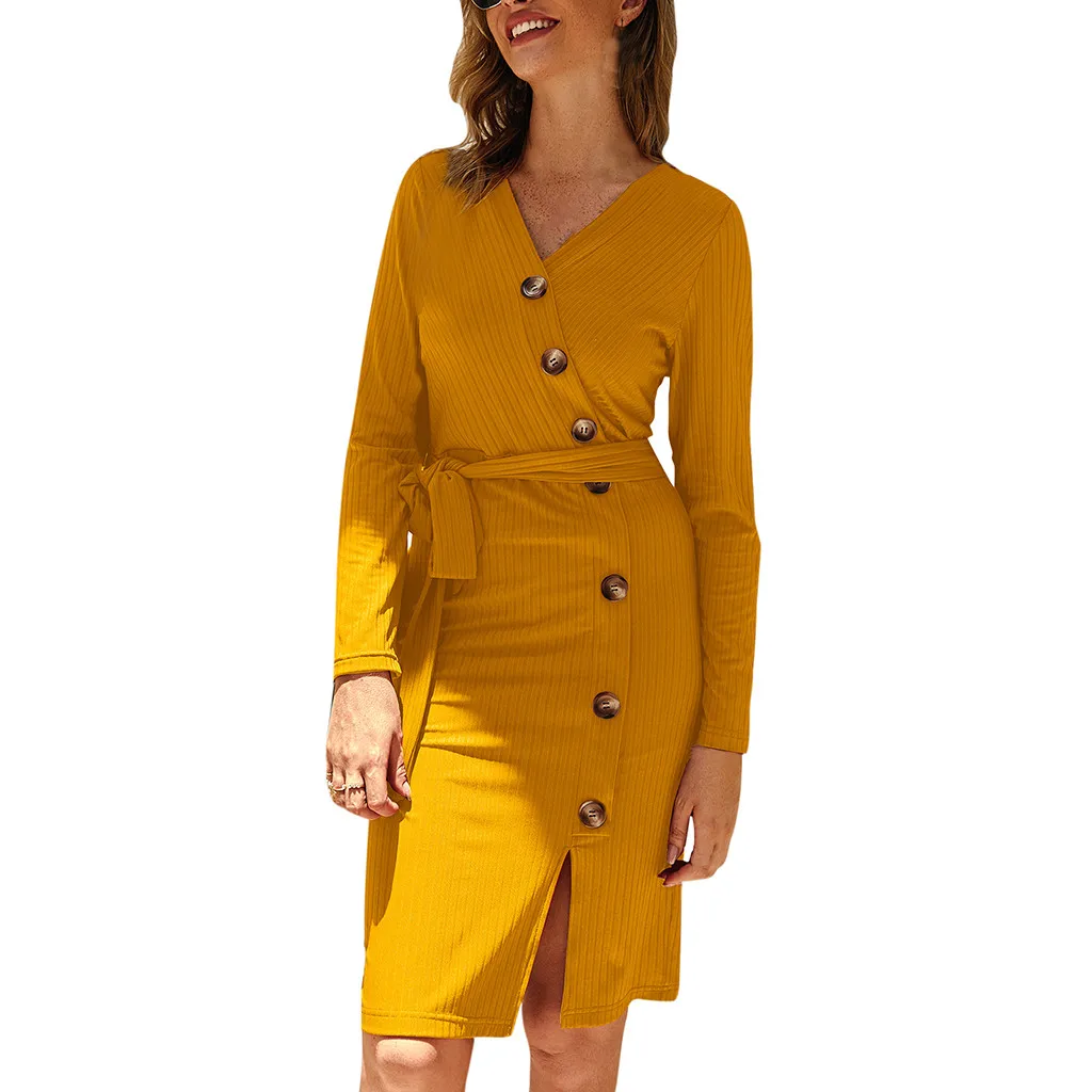 

Women Knitted Mini Dresses Sexy Bodycon Side Split Dresses Elegant Office Lady Autumn Party Dress Solid Button Bandage Vestidos