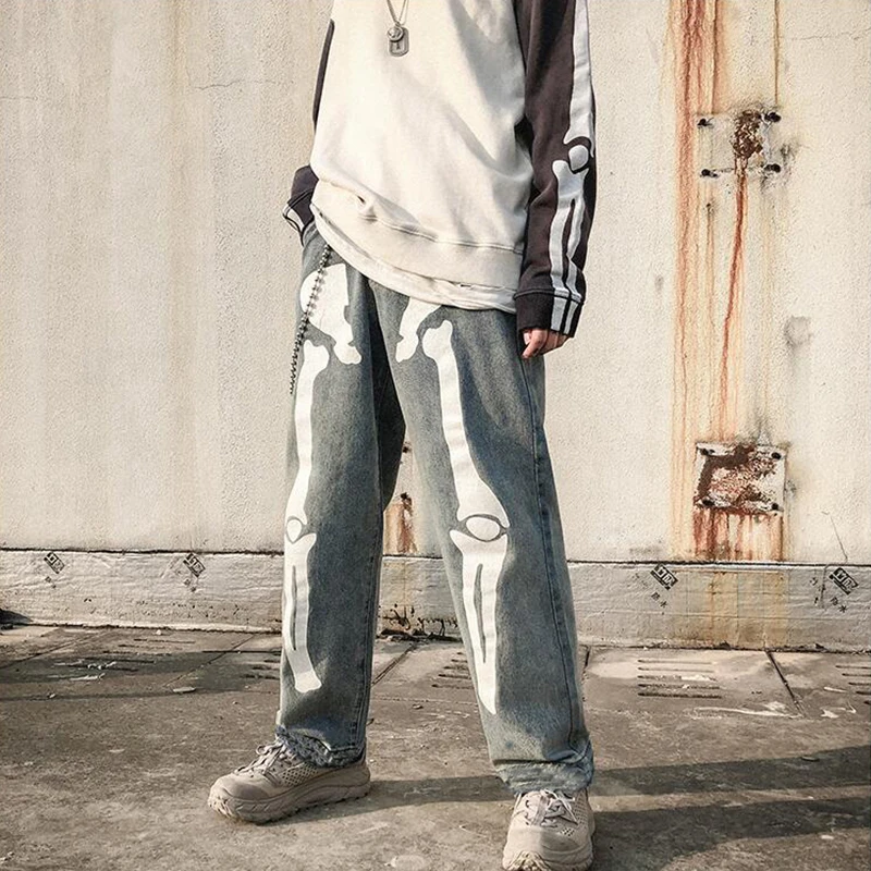 Mens Skeleton Printing Wash Jeans Pants 2021 New Women Men Streetwear Hip Hop Wide Leg Pants High Waist Denim Pants Overalls