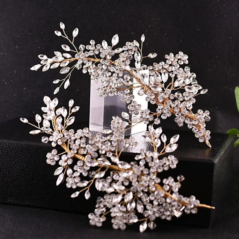 SLBRIDAL Handmade Alloy Wired Rhinestone Crystal Flower Leaf Wedding Hair Clip Barrettes Bridal Hair Accessories Women Jewelry
