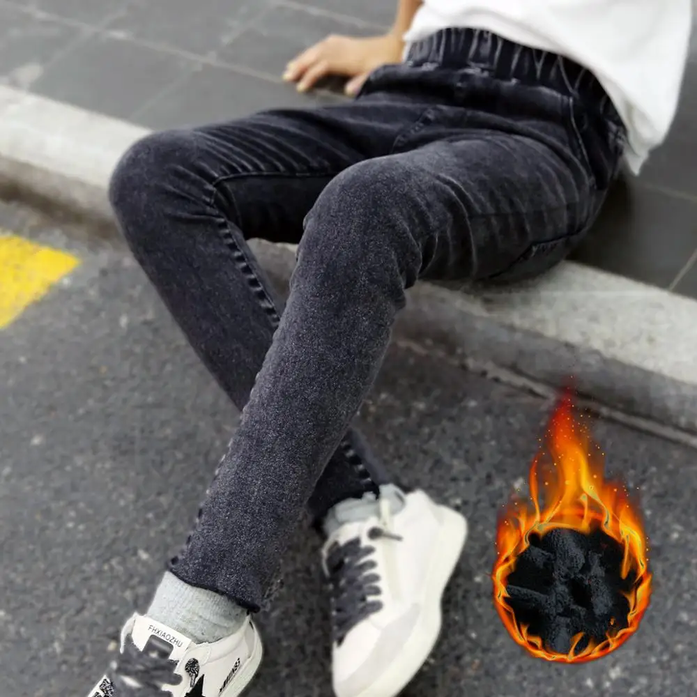 Брендовые зимние джинсы для девочек плотные теплые обтягивающие джинсы для детей, корейские джинсовые штаны черные джинсы однотонные джинсы, брюки Стрейчевые брюки для девочек - Цвет: Thicken Winter Black