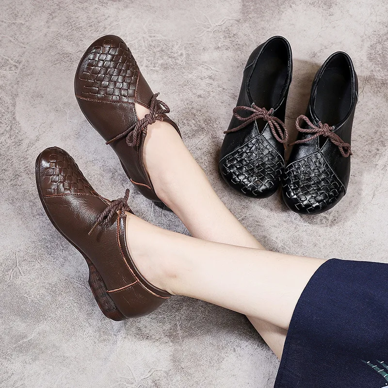 

2019 Autumn New Style Retro Genuine Leather WOMEN'S Thin Shoes Flat Heel Shoes Soft Bottom Deep Mouth Lace-up Weaving Rub Color