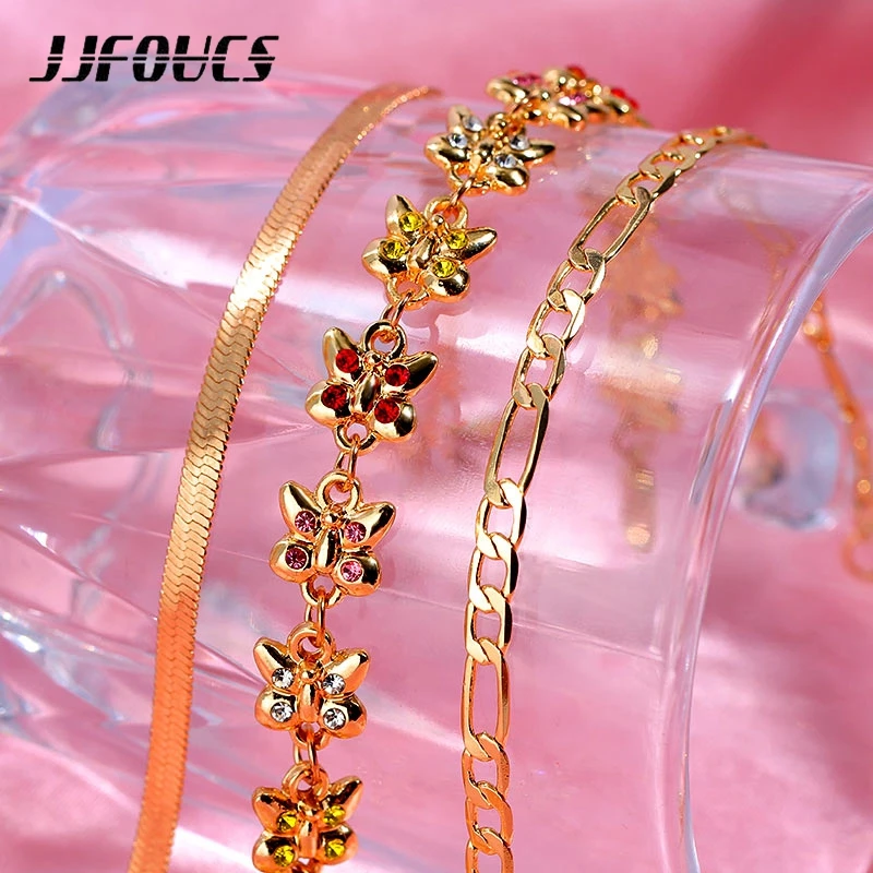 

JJFOUCS 3Pcs/Set Sweet Simple Butterfly Link Anklet Female 5Color Rhinestone Ankle Bracelet Chain Beach Foot Sandals New Jewelry