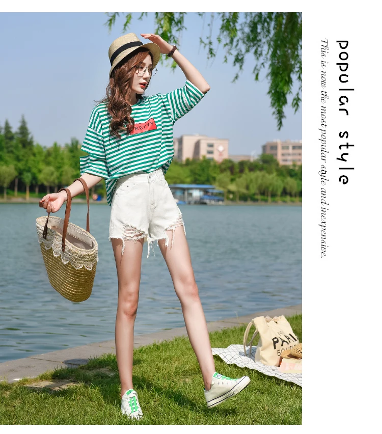 359# черные и белые джинсовые шорты с рисунком для фотосессии, женские летние шорты в Корейском стиле для студентов с высокой талией, нестандартные шорты с дырками
