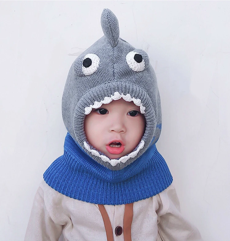 High Quality Baby Hat Winter Cartoon Shark Shape Baby Boys and Girls Cap Knitted Wind-proof Keep Warm