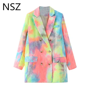 

NSZ women oversized corduroy tie dye blazer double breasted office ladies formal jacket fall fashion suit work coat outerwear