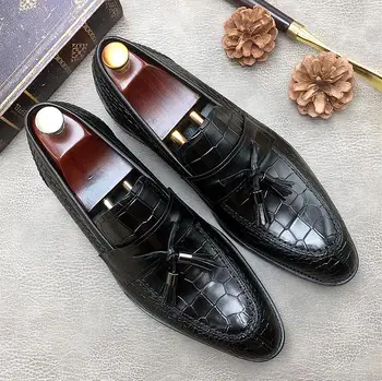 

tassel falt Genuine leather Stone pattern oxford Men black wine red wedding handmade shoes fashion pointed toe dress shoes