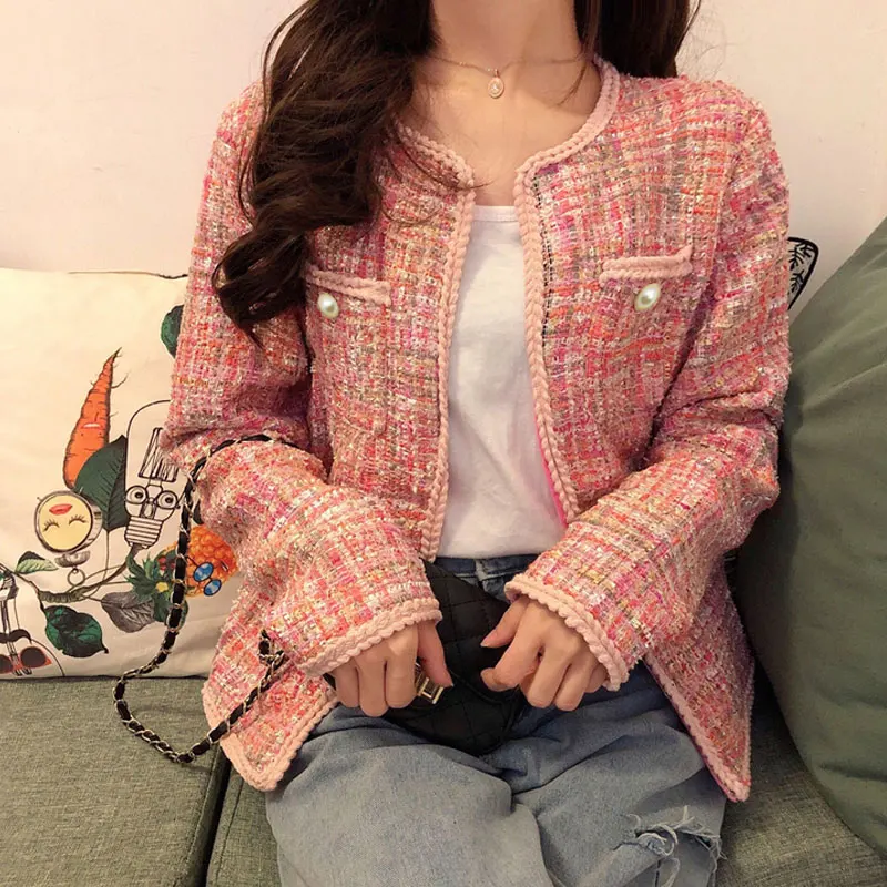 Розовые женские куртки пальто из твида Sequined ткани весна / осень / зима новой шерсти классические женские куртки шерстяное пальто