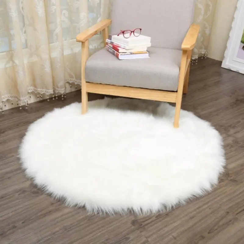 New faux sheepskin wool carpet 30 x 30 cm Fluffy soft longhair decorative carpet cushion Chair sofa mat(Round White