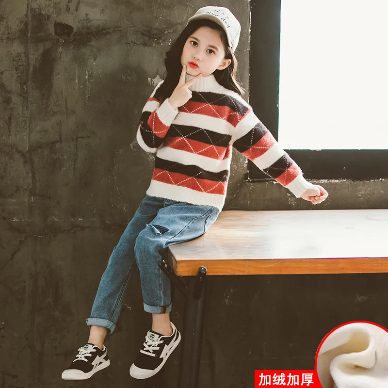 Winter Colorful Striped Girls Sweater Clothing Kids O-neck Long Sleeve Fleece Pullovers Clothes Children O-neck Sweaters - Color: fleece sweater
