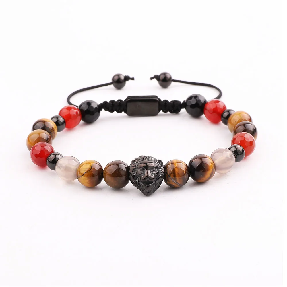 JARAVVI Natural Lava Stone Leopard Lion Charm Adjustable Beads Bracele Men Women