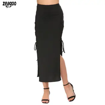

Zeagoo Long Skirts Fashion Women Solid High Waist Side Lace Up Zipper Maxi Split Skirt Pink Black Gray M-XXL Sizes