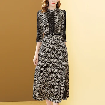 

Gedivoen Spring Autumn Vintage Midi Dress Women 3/4 Sleeve Printed Belt Slim Split A Line Dress Fashion Designer Party Dresses