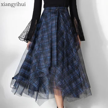 

Vintage Streetwear Fashion Women Blue Print Plaid Skirts Female Mesh Patchwork Long Irregular Skirt High Waist Summer Skirts