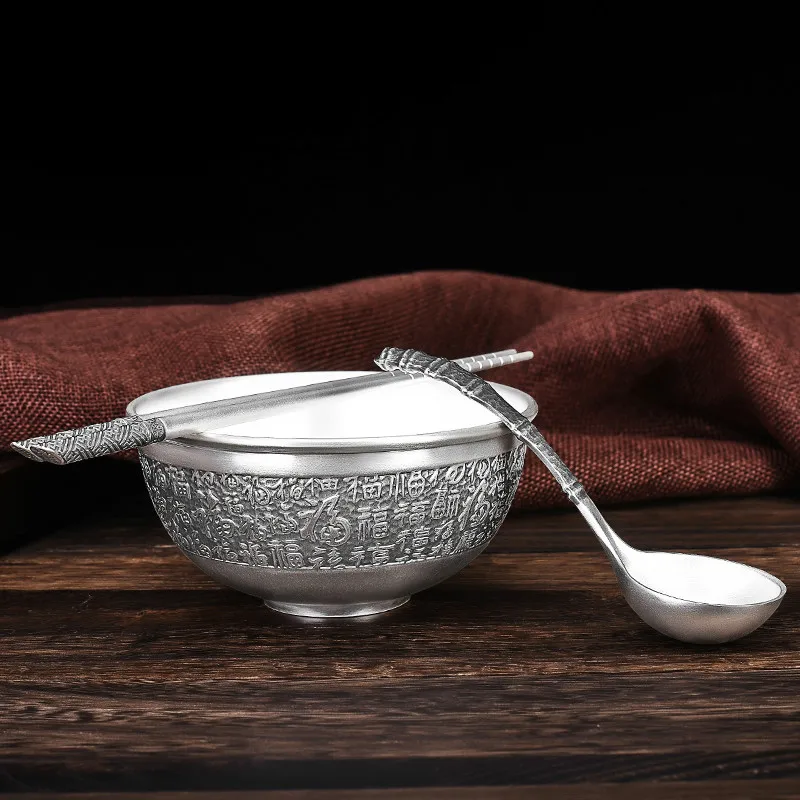 

Double Insulation Silver Bowl Set Silver Chopsticks Spoon Chinese Handmade Children Household Blessing Tableware