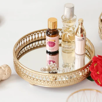 

Nordic Style Living Room Decorative Mirror Tray Gold Round Cosmetic Jewelry Cake Fruit Storage Plate Home Decor Supplies