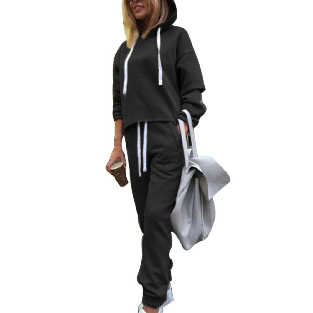 Black SFIT Осень Зима 2 шт костюм женский с капюшоном укороченный спортивный костюм длинный рукав сплошной цвет спортивные брюки Повседневный Модный комплект - Цвет: Black