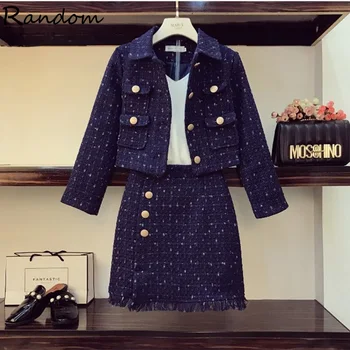 

2020 New Autumn Winter Elegant Lady Tweed Short Jacket Coat +Wool Skirt Two piece Women Office Fashion Vintage Skirt Blue Suit