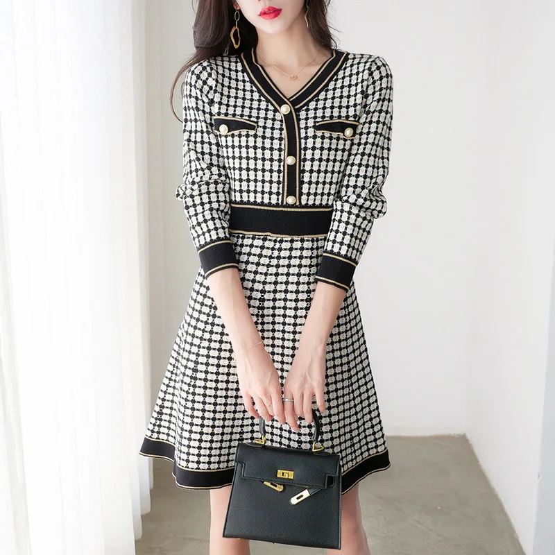 

Knitted Sweater Dress Womens 2021 Autumn Winter Hepburn Style V Neck Plaid A Line High Waist Knit Dresses Vestidos MD002
