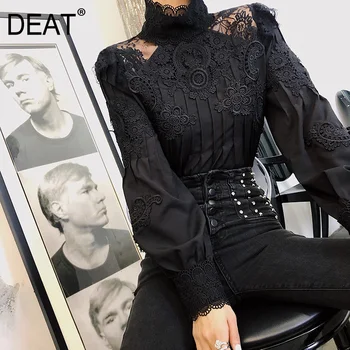 

DEAT Elegant Office Lady Patchwork Turtleneck Lantern Sleeve Slim Black Pullover Women Lace Shirt 2020 spring New Blouse TD319