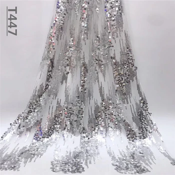 

Silver African Lace Fabric 2019 Embroidery Nigerian Sequins Lace Fabric.High Quality Stones French Tulle Lace Fabric For Women