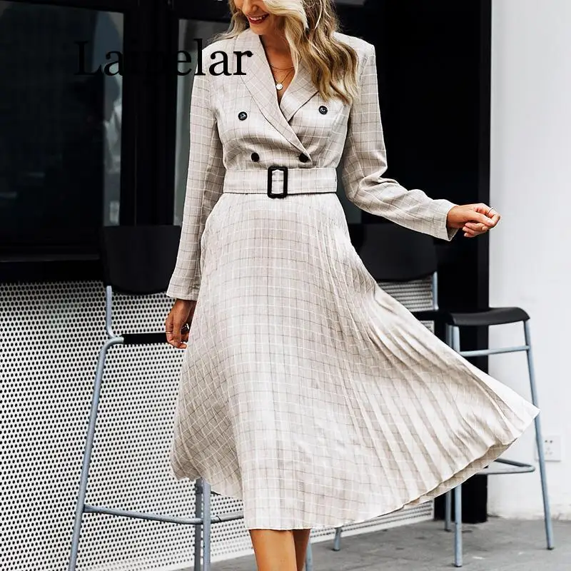 

Elegant 2019 Autumn winter ladies Blazer dress Button belt long sleeve dress female plaid dresses women Sexy vestidos