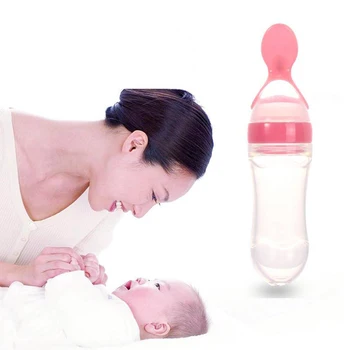 

Silicone Squeeze Baby Infants Rice Cereal Bottles With Spoon Newborn Toddler Feeder Feeding Bottle 90ml