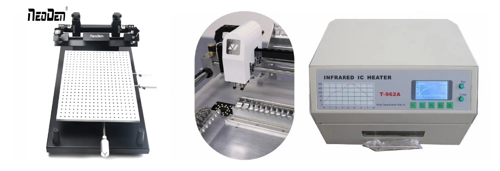 Prototype smt line, pick and place machine NeoDen3V-S, stencil printer FP2636, Reflow oven T962A