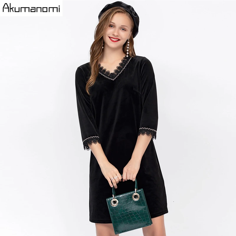 Comprar Vestido de terciopelo de otoño para mujer talla grande 5xl cuello en V manga tres cuartos negro Casual primavera Oficina Mini vestido Vestidos
