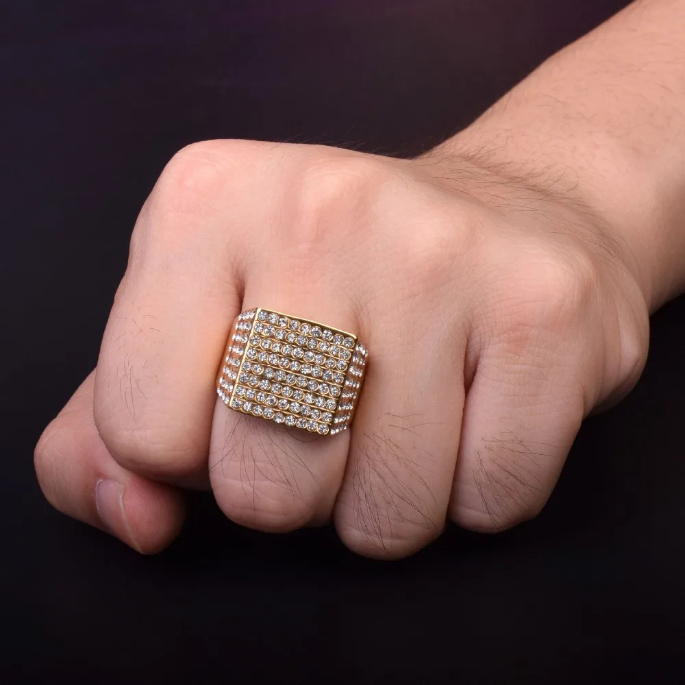 2019 Новое роскошное квадратное полное ААА стразы из нержавеющей стали золотое серебрянное кольцо хип хоп ювелирные изделия BAGUE Homme 6 Размер