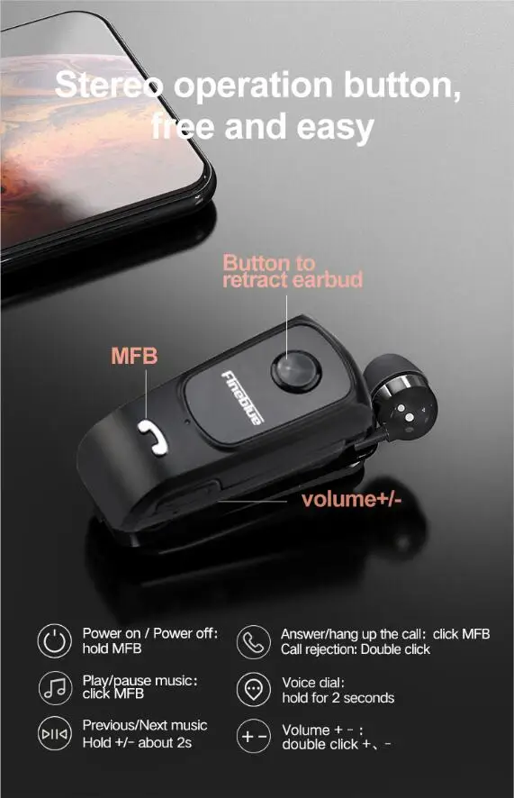 Fineblue F920 Pro Mini Wireless Earphone Retractable Portable Bluetooth Headset Calls Remind Vibration Sport Run Gamer Headphone