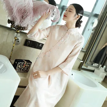 

2020 spring new improved cheongsam embroidery Chinese style zen clothing stand collar loose large size dress tea ceremony Hanfu