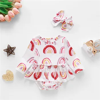 

0-24M 2020 Autumn Baby Girls Long Sleeve Rainbow Print Ruffles Romper Jumpsuits Headband Cute Outfits Toddler Kids Clothing