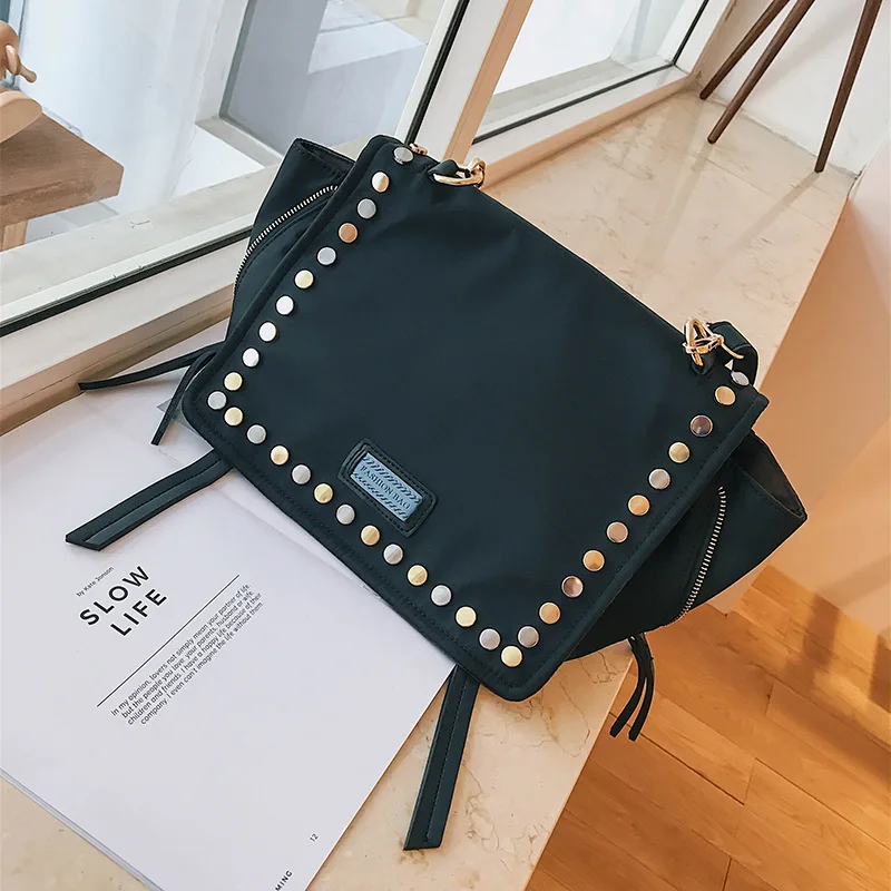 

2019 New Style Nylon Bat Wings Style Bag Cool Rivet Large Capacity Shoulder Oblique Handbag