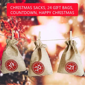 

24Pcs Christmas Advent Calendar Countdown Bag Hanging Candy Gift Sacks Pouch with Clips Stickers Rope Home Christmas Decoration