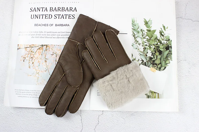 Women's Thickened Winter Sheepskin Fur Gloves Windproof Warm Outdoor Motorcycle Riding Color Leather Finger Gloves