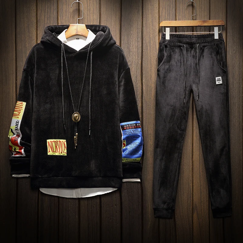 

Autumn Winter Mens Hoodie Coat Trousers 2pcs Set Thick Warm Velvet Hooded Sweatshirt Loose Pants Size M-5XL Casual Plush Liner F