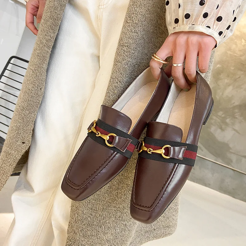 

Inside And Pure Leather Korean-style Casual Horsebit Buckle Loafers 2020 Spring New Style Flat Keel Thin Shoes England Square He