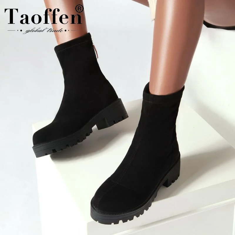 Taoffen/ г. Женские ботильоны мотоботы на толстой подошве с молнией в стиле панк повседневная обувь черного цвета женская обувь размер 34-43