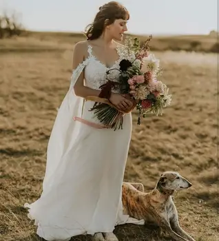 

Bohemian Boho Lace Wedding Dresses 2020 A-Line Chiffon Simple Beach Floor Length Court Train Backless Bridal Gowns Brilliant