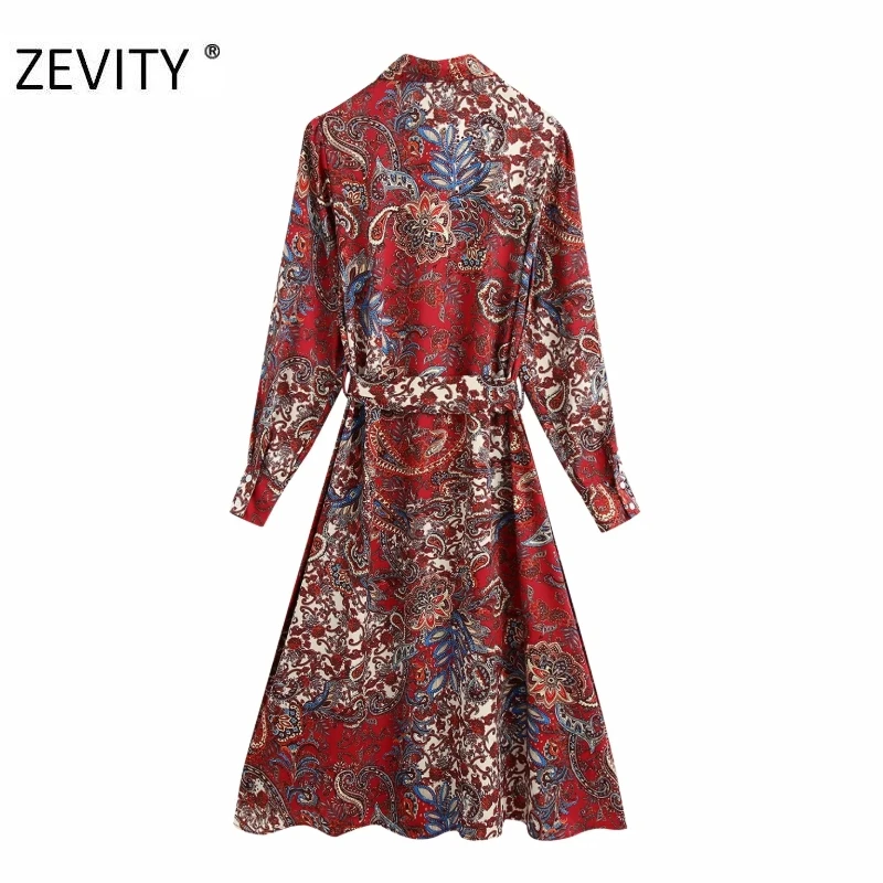 ZEVITY women vintage totem flower print bow tied sashes shirt dress female long sleeve paisley retro vestido chic dresses DS4439