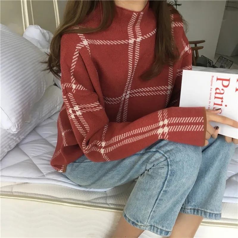 Korean version of turtleneck sweater women Western style plaid all-match simple loose knit sweater top fashion all-match