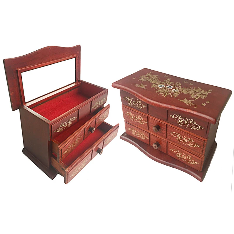 

Rosewood Jewelry Organizer Makeup Storage Box with Mirror Multifunctional Desktop Drawer Cosmetic Case Classical Storage Cabinet