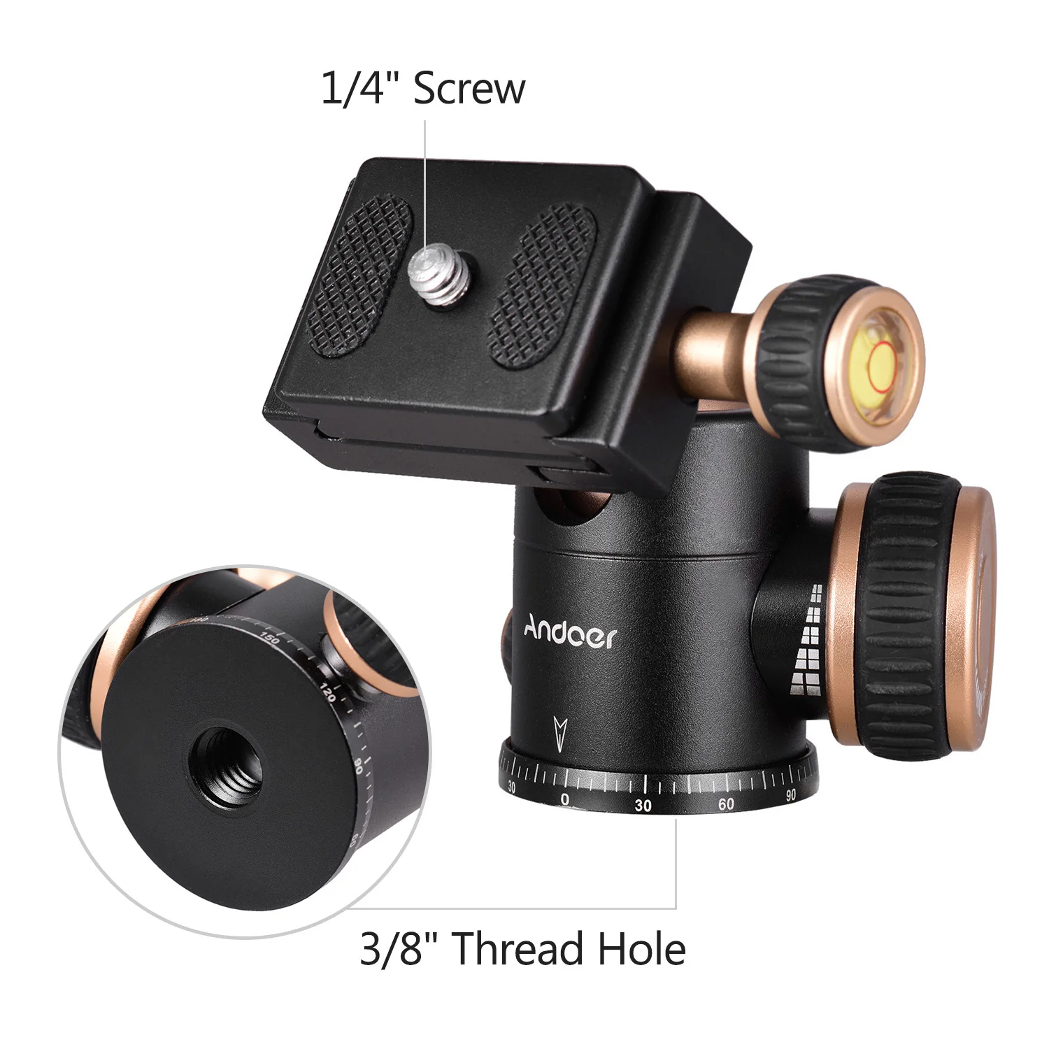 Tripod Ball Head Andoer Q30 CNC Panorama Tripod Ball Head 360 Degree Rotation 1/4 Inches Screw 3/8 Inches Screw Hole For Smartphone Camera