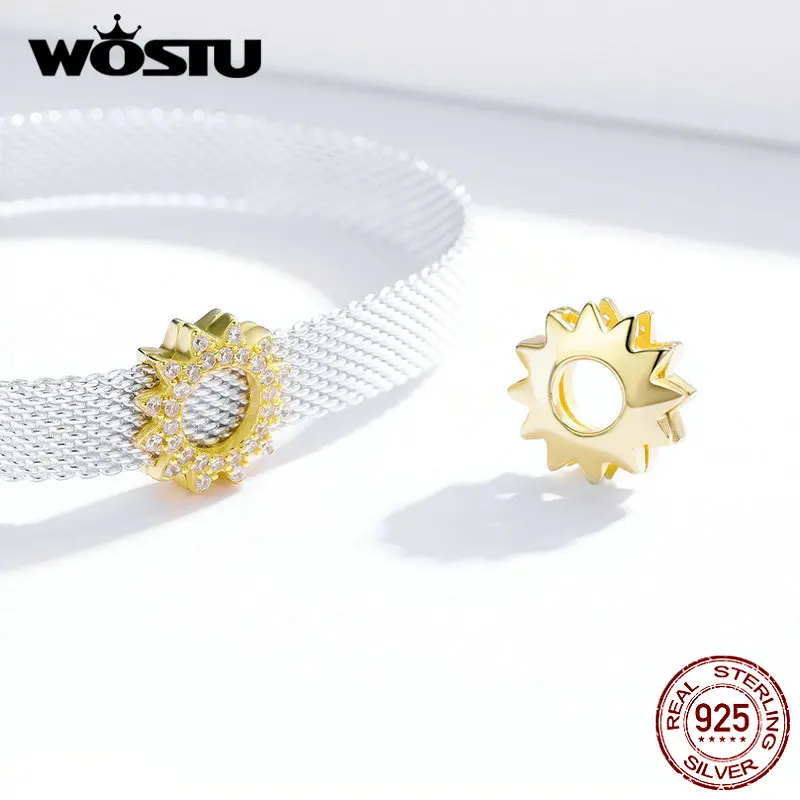 WOSTU 925 пробы Серебряный Подсолнух Солнечный бисер циркон золотой цвет Шарм Подходит браслет и браслеты DIY Ювелирные изделия CQX107