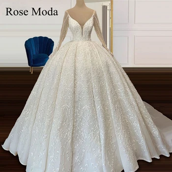 شراءفستان زفاف فاخر بأكمام طويلة من الدانتيل من Rose Moda ، فستان الأميرة ، فستان مخصص