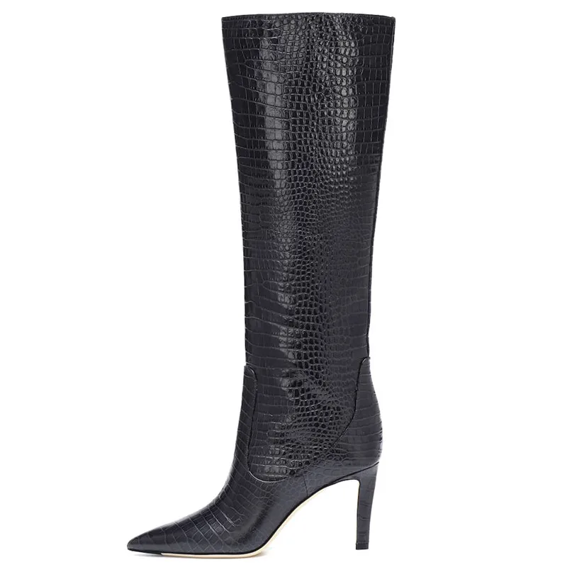 MORAZORA/ горячая распродажа; модные высококачественные сапоги до колена; однотонные туфли на высоком каблуке-шпильке с острым носком; женские сапоги - Цвет: black crocodile