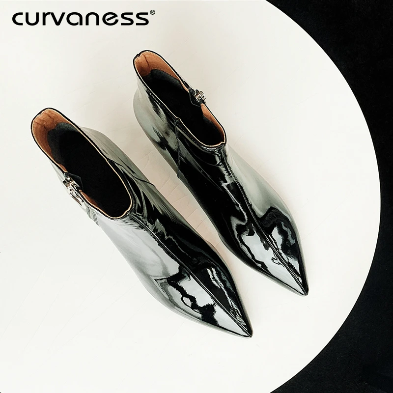 

Curvaness Winter Fashion Women's Boots Pointed Patent Leather Ankle Boots 6CM High Heels High Heels Female Autumn Women's Socks