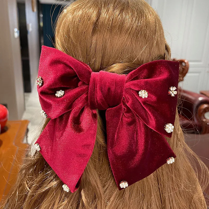Fashion Red Velvet Bow Hair Clip For Women Long Ribbon Hairbows