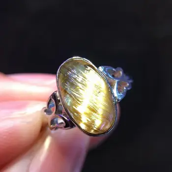

Natural Gold Rutilated Quartz Stone Crystal 12x7mm Sterling Silver Adjustable Ring Woman Party Stone Rings Jewelry AAAAA